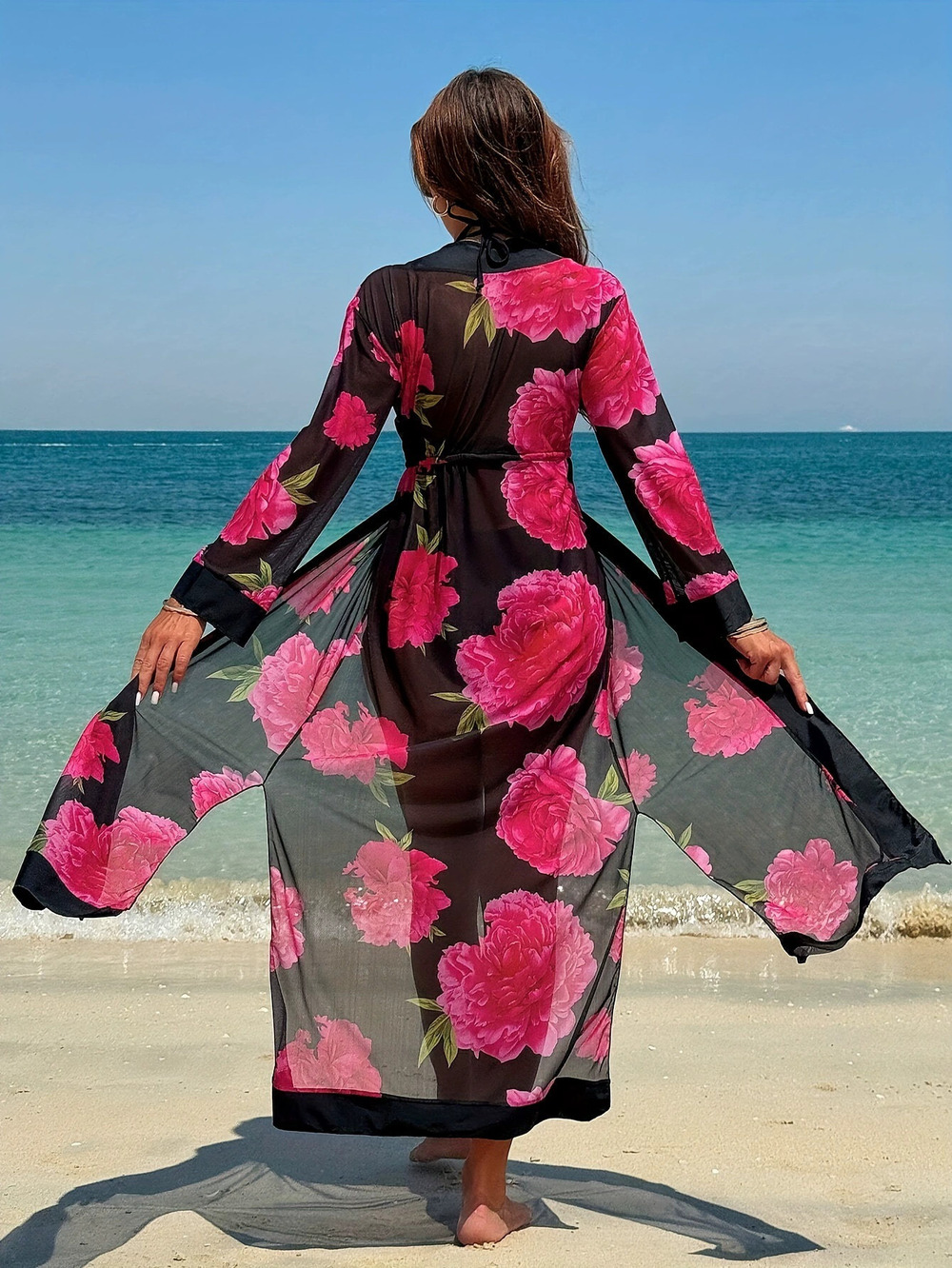 ZARA Beach Cover Up Mesh Floral Print Tie Front Robe Bikini